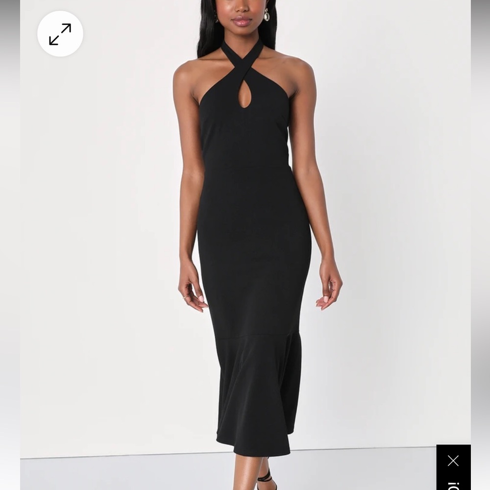 Striking Allure Black Cross-Front Trumpet Midi Dress